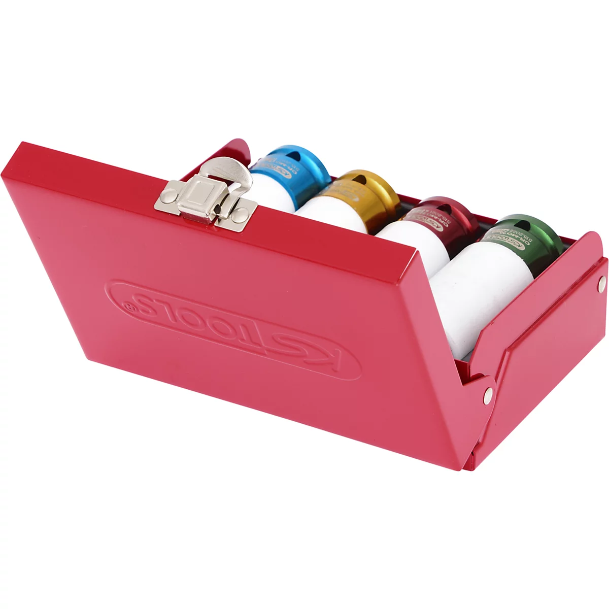 Roter Werkzeugkoffer mit farbigen Aufsätzen. Geöffnet, silberner Verschluss. Aufschrift 'KS TOOLS'.